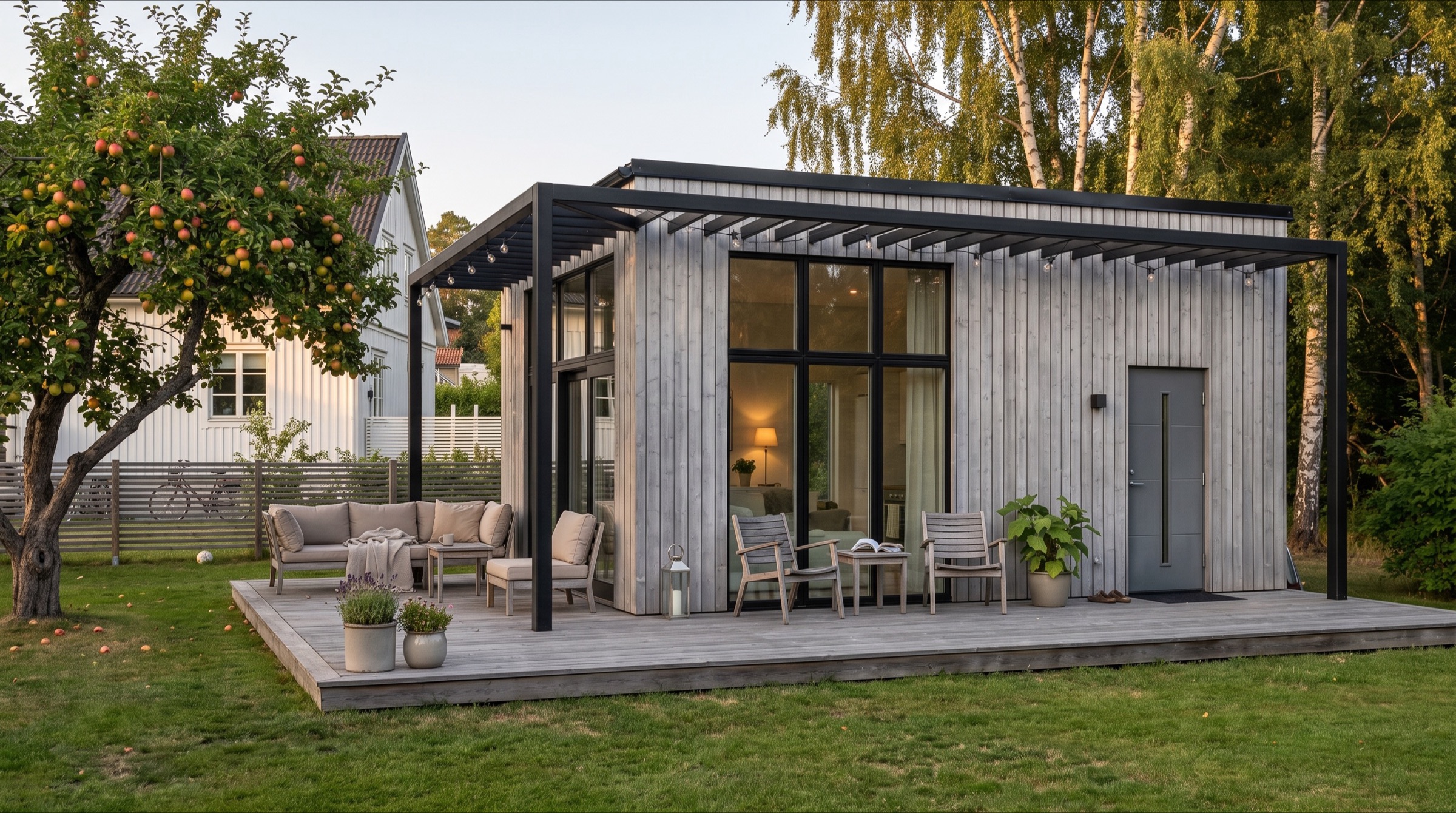 Evum 30 i grålaserat trä med svart pergola och trädäck en sommarkväll, med äppelträdet och villan i bakgrunden