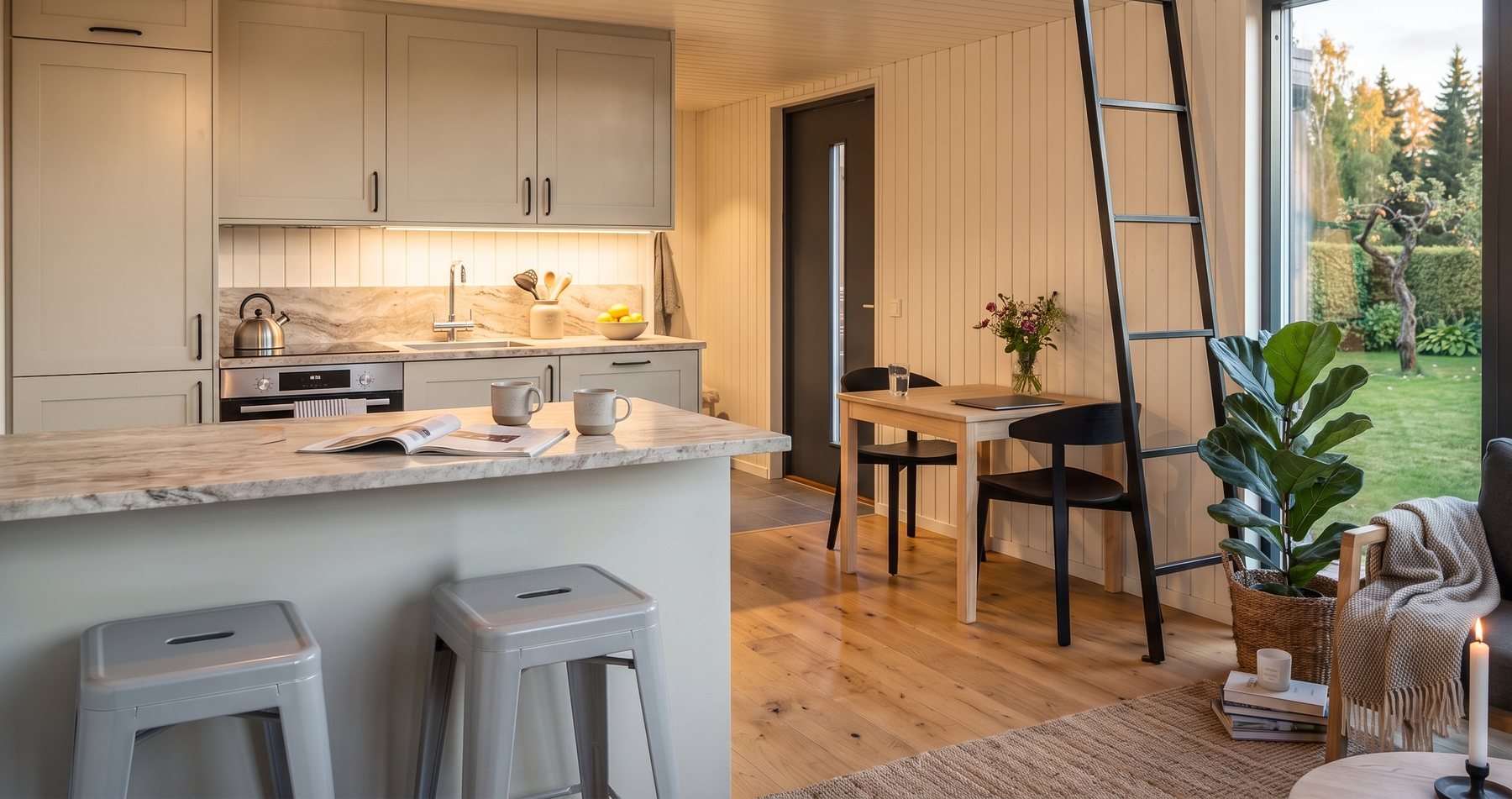Kök med bardisk och matplats, stegen upp till sovloftet och glaspartiet mot trädgården