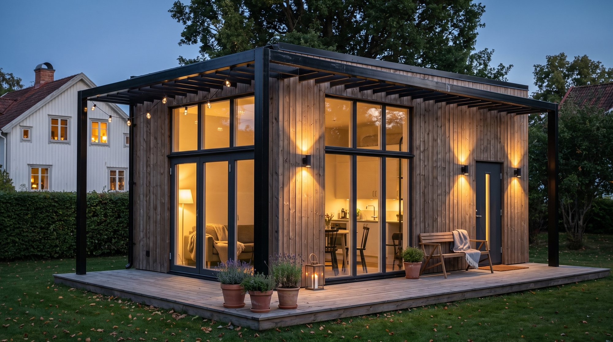 Evum 30 i skymningen med rosenklädd spaljé, altandäck och grannhus bakom häcken